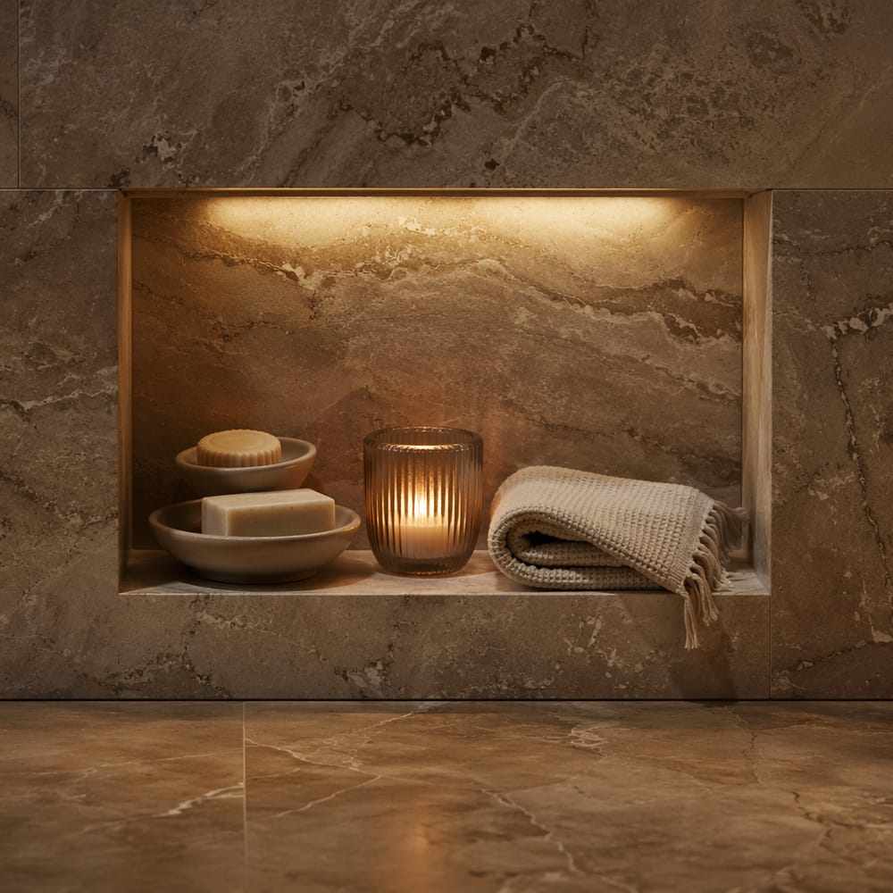 Nicchia in pietra incassata con mensola illuminata a LED