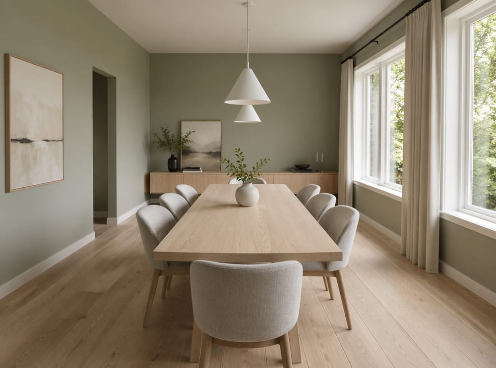Tavolo in rovere sbiancato con pareti verde salvia