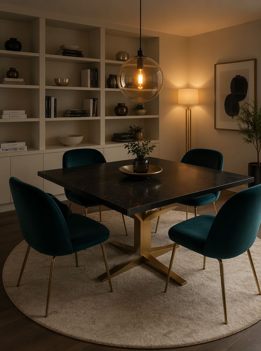 Tavolo in granito nero con sedie in velluto teal tutto intorno