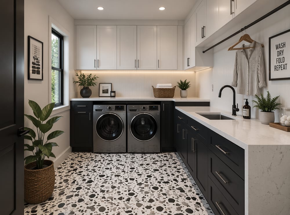 Charcoal lower cabinets with terrazzo floor and hanging rod