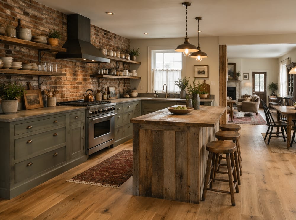 Cocina de planta abierta con gabinetes gris verdoso y pared de ladrillo