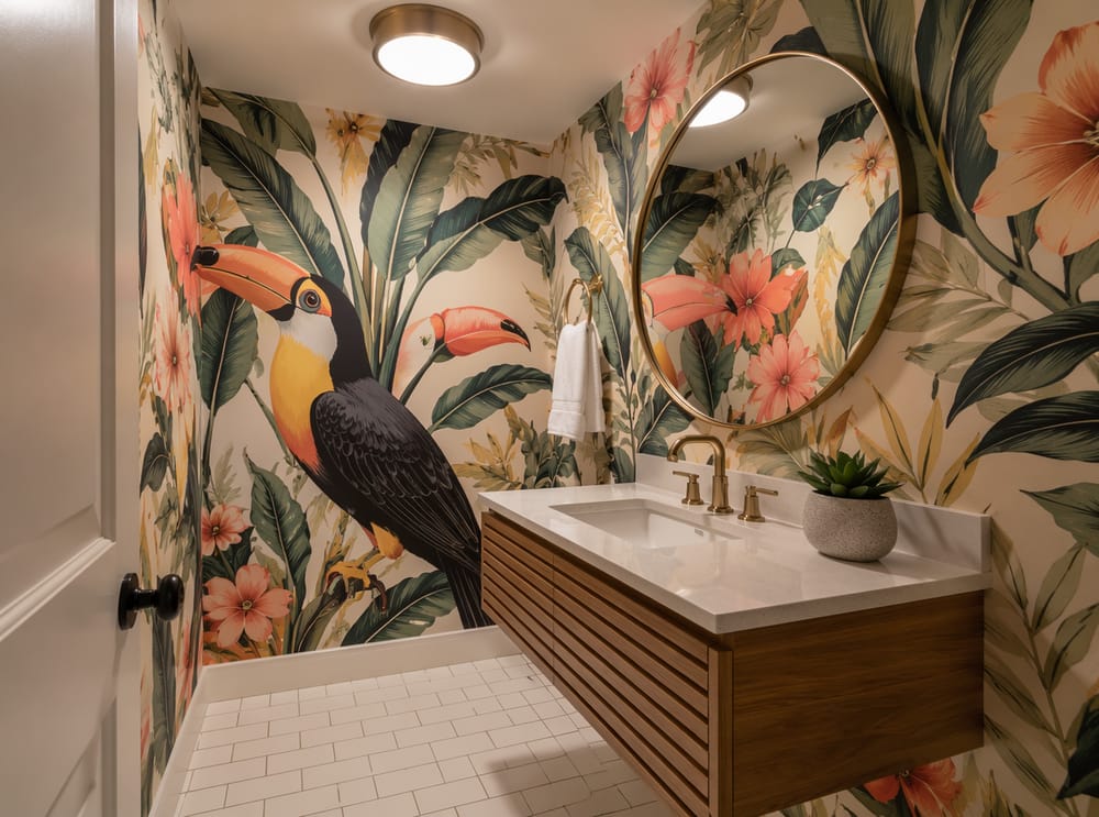 Oversized tropical bird wallpaper in vivid coral and yellow