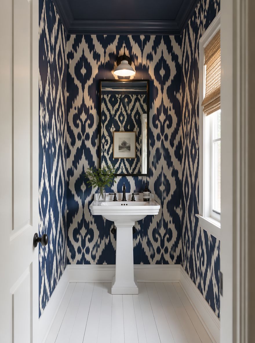 Indigo ikat floor to ceiling, black-framed mirror