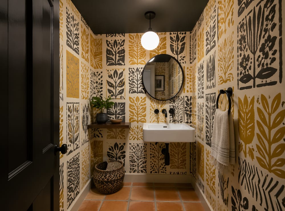Block-print wallpaper in mustard and charcoal, globe pendant