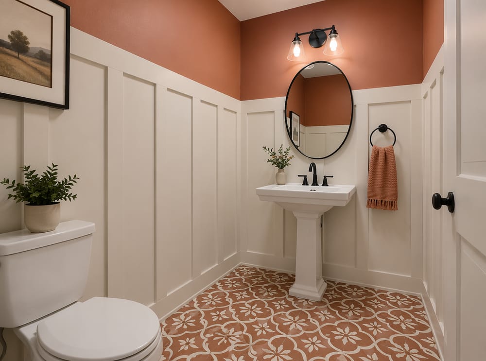 Boiserie a listelli in un bagno piccolo con accenti terracotta