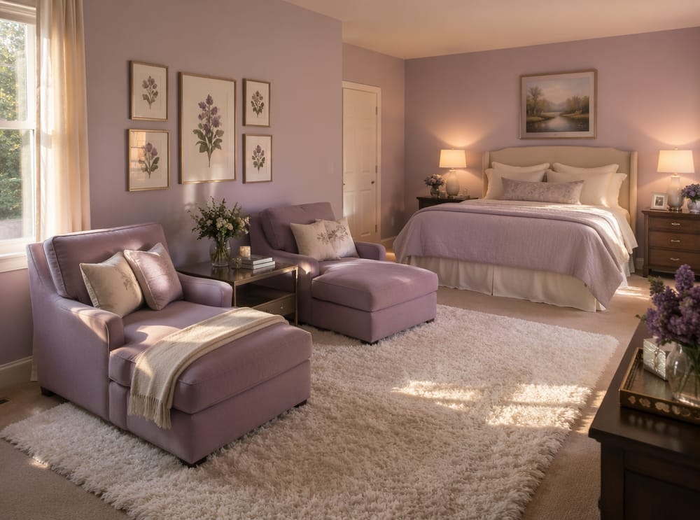 Chaise longues a juego junto a la pared lateral del dormitorio