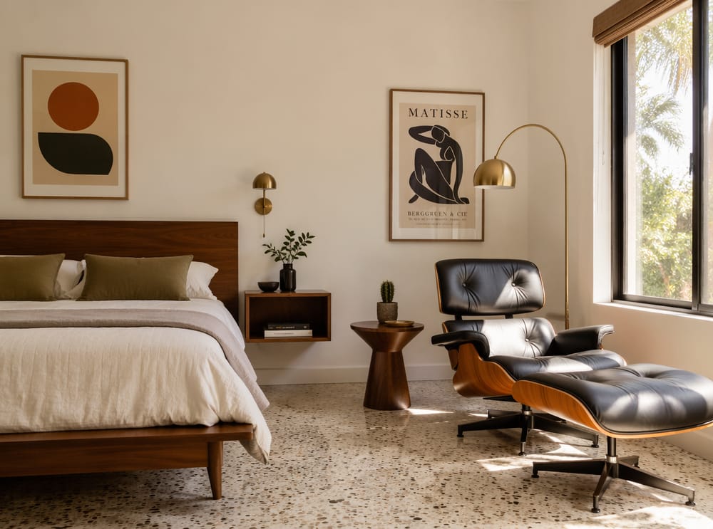 Sillón lounge de estilo mid-century orientado hacia la ventana de la esquina