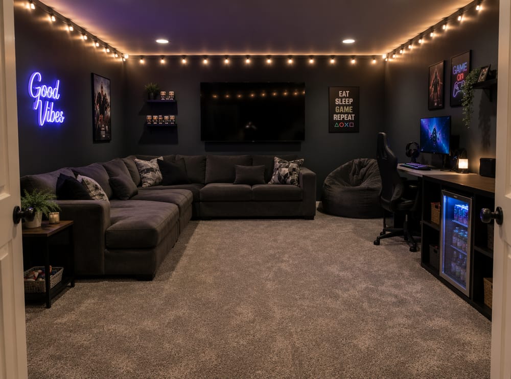 Sala ragazzi con postazione gaming e divano componibile