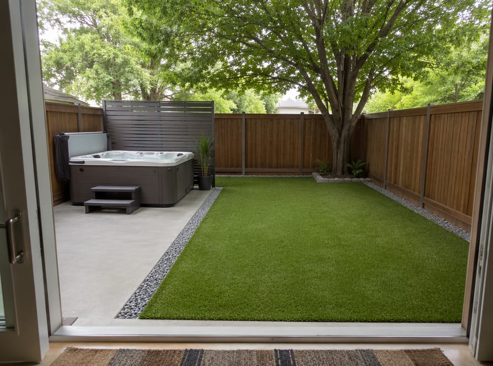 Betonplaat, kunstgras rondom, metalen privacy paneel