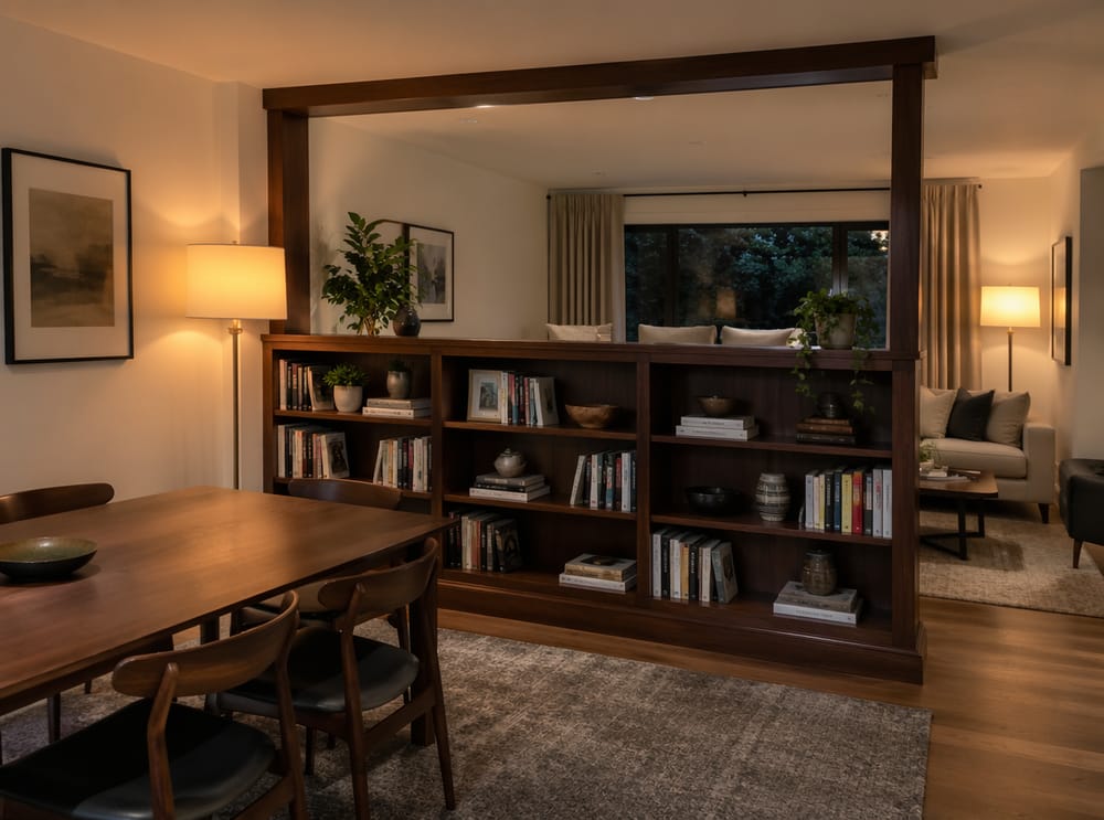 Double-sided bookshelf divider with gap at ceiling
