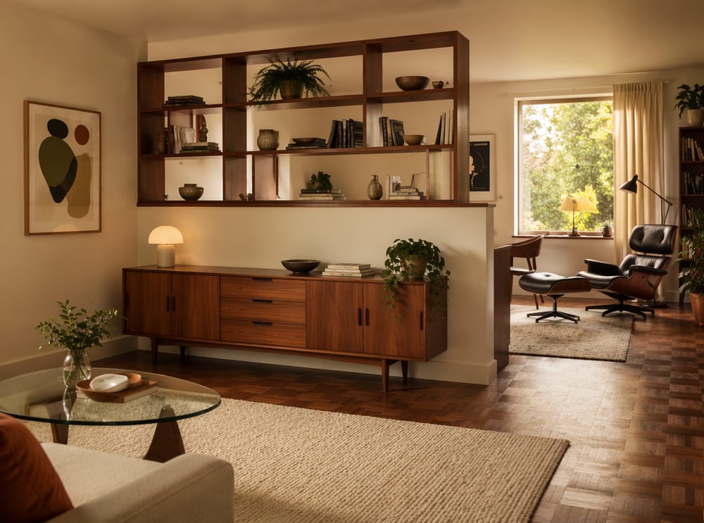 Walnut knee wall with integrated shelving above