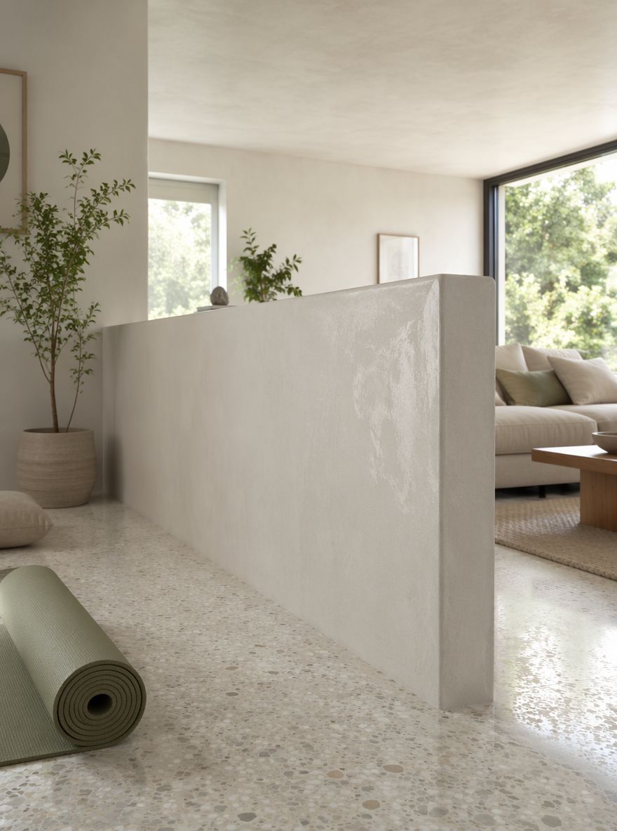 Plaster half-wall carving out a quiet yoga nook
