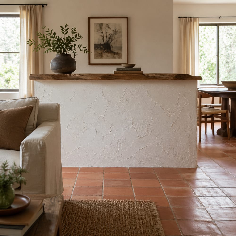 Textured plaster half-wall with live-edge wood cap