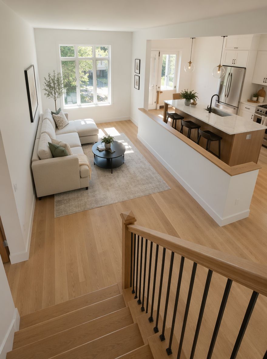 Half-wall seen from above on staircase landing