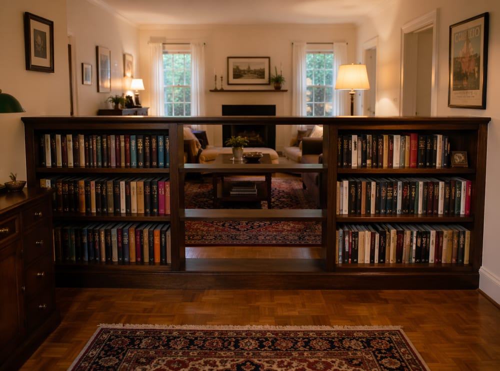 Built-in bookshelf half-wall bordering a library alcove