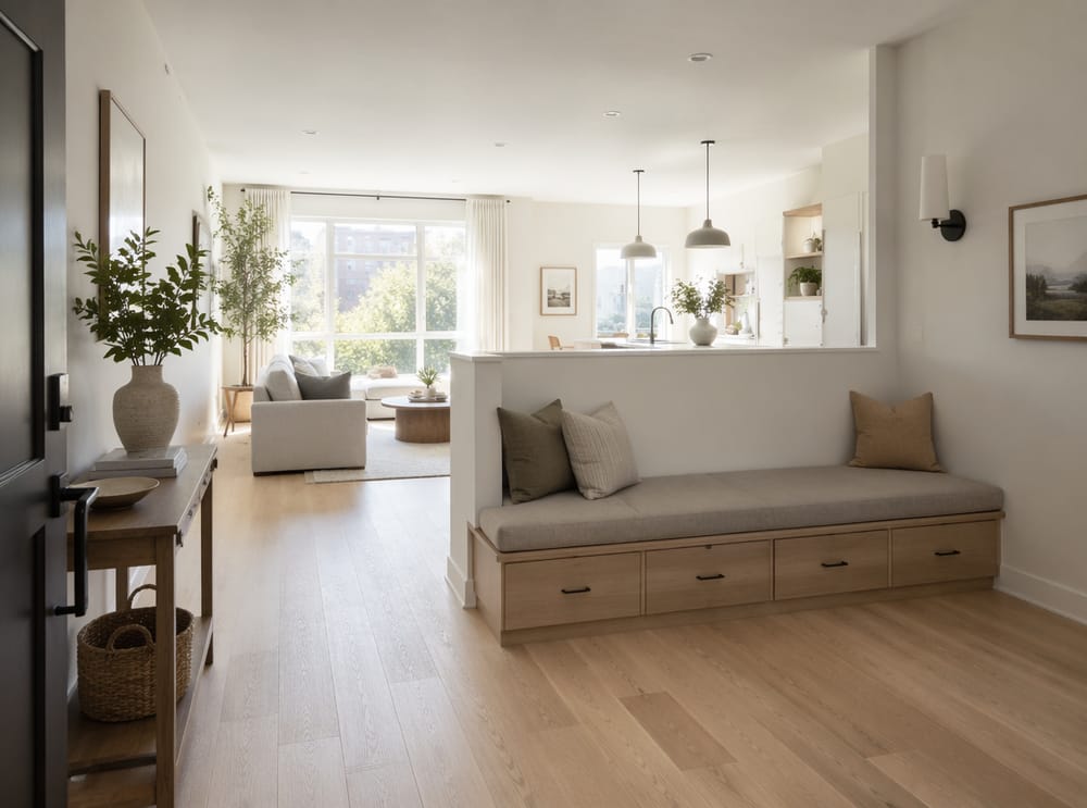 Built-in bench seat integrated into a half-wall base