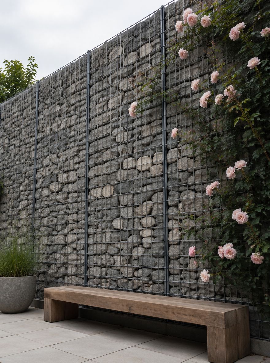 Gabion stenhegn med klatrende roser nederst