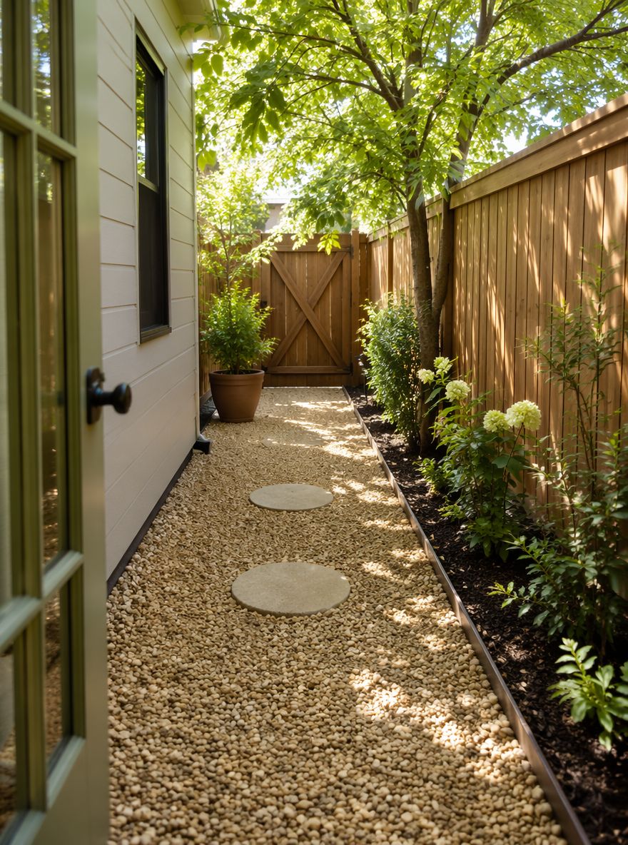 Patio lateral de grava beige con losas para caminar