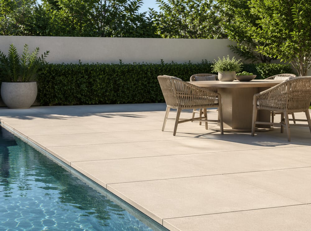 Adoquines de concreto cepillado junto a comedor cerca de piscina