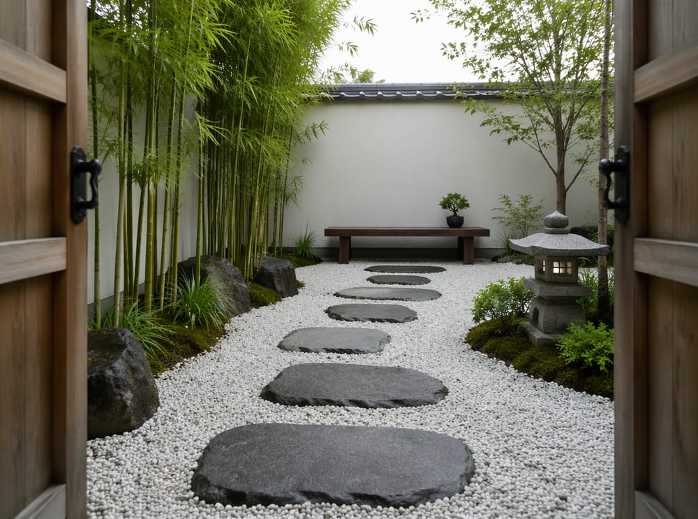 Piedras de granito en grava blanca en patio-jardín