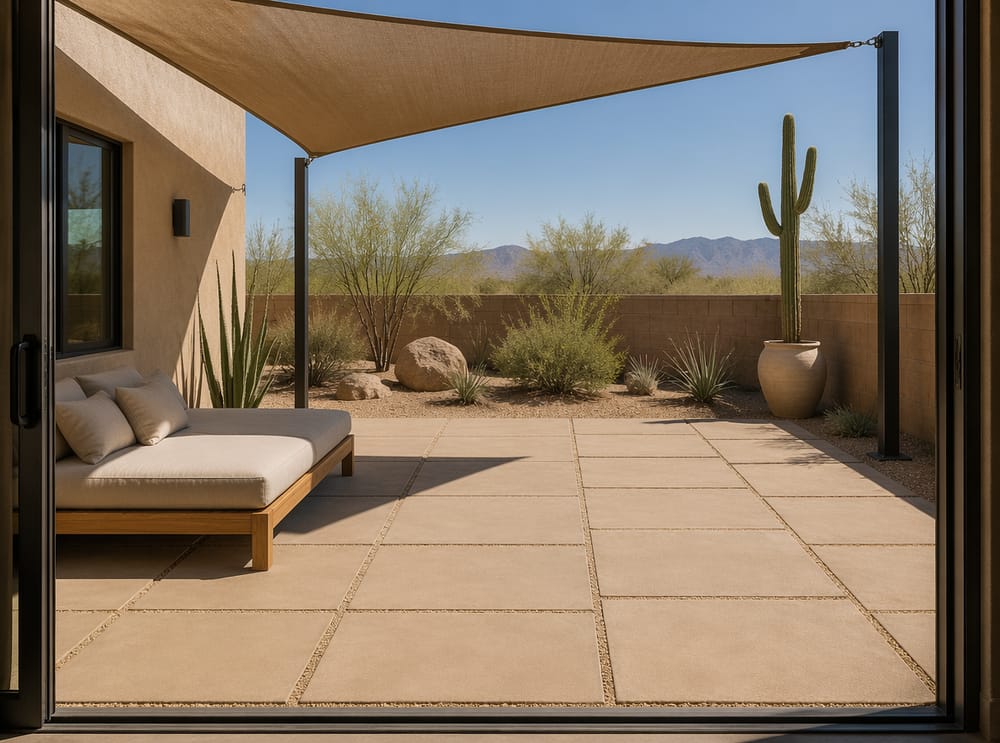 Adoquines de concreto beige en patio desértico con vela de sombra