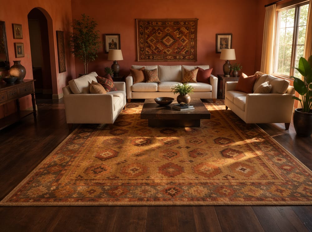 Tappeto kilim ocra che definisce area salotto a U
