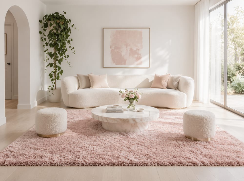 Tappeto alto rosa cipria con divano curvo avorio