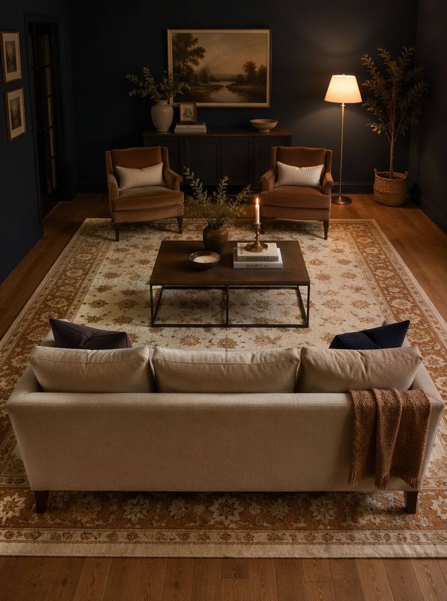 Tappeto annodato a mano caramello, pareti blu navy, luce serale