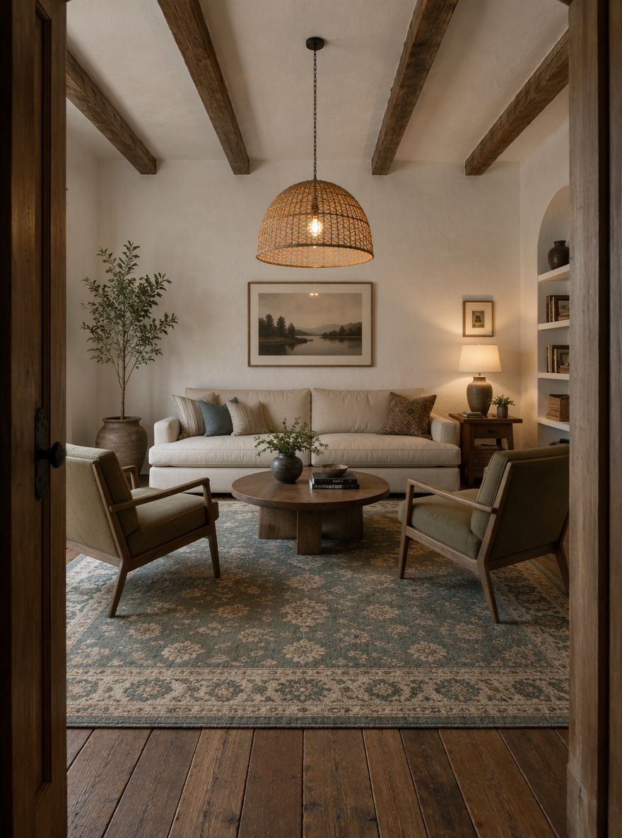 Tappeto annodato verde-blu, lampada in rattan, pavimenti recuperati