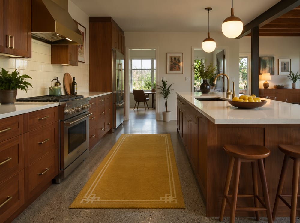 Alfombra mostaza de pelo corto en una zona de cocina mid-century