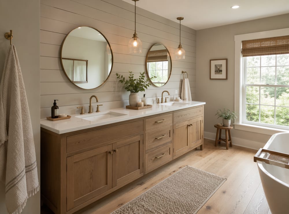 Shiplap greige detrás de doble lavabo con grifería de latón cepillado