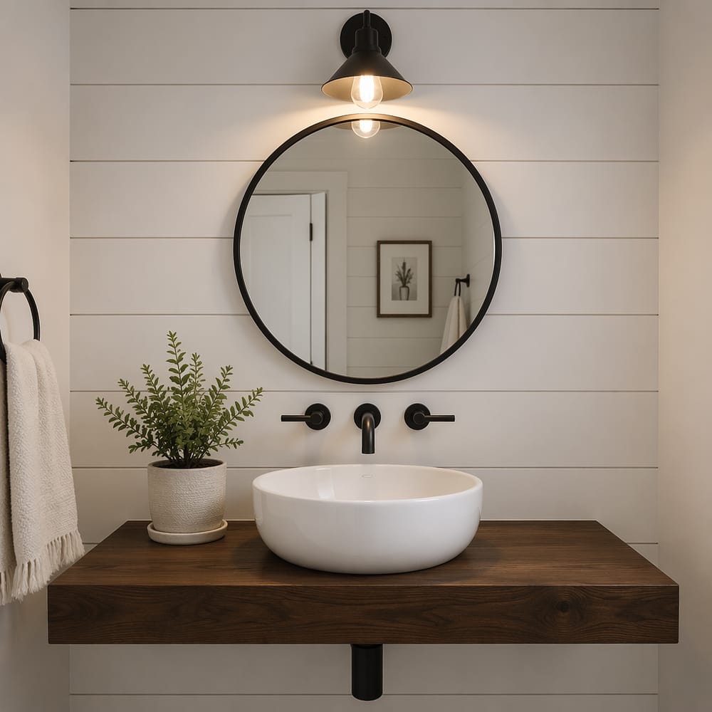 Lavabo sobre encimera montado directo en pared de shiplap blanco