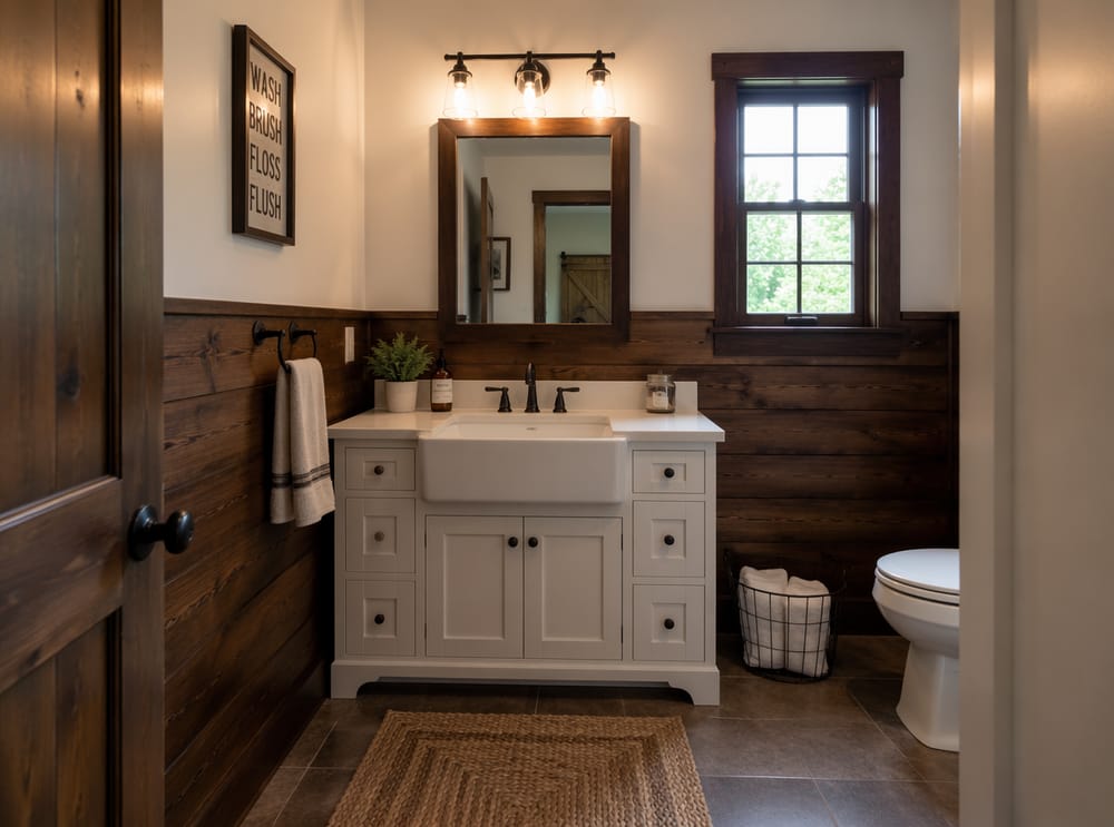 Zócalo de shiplap nogal oscuro con lavabo tipo granja