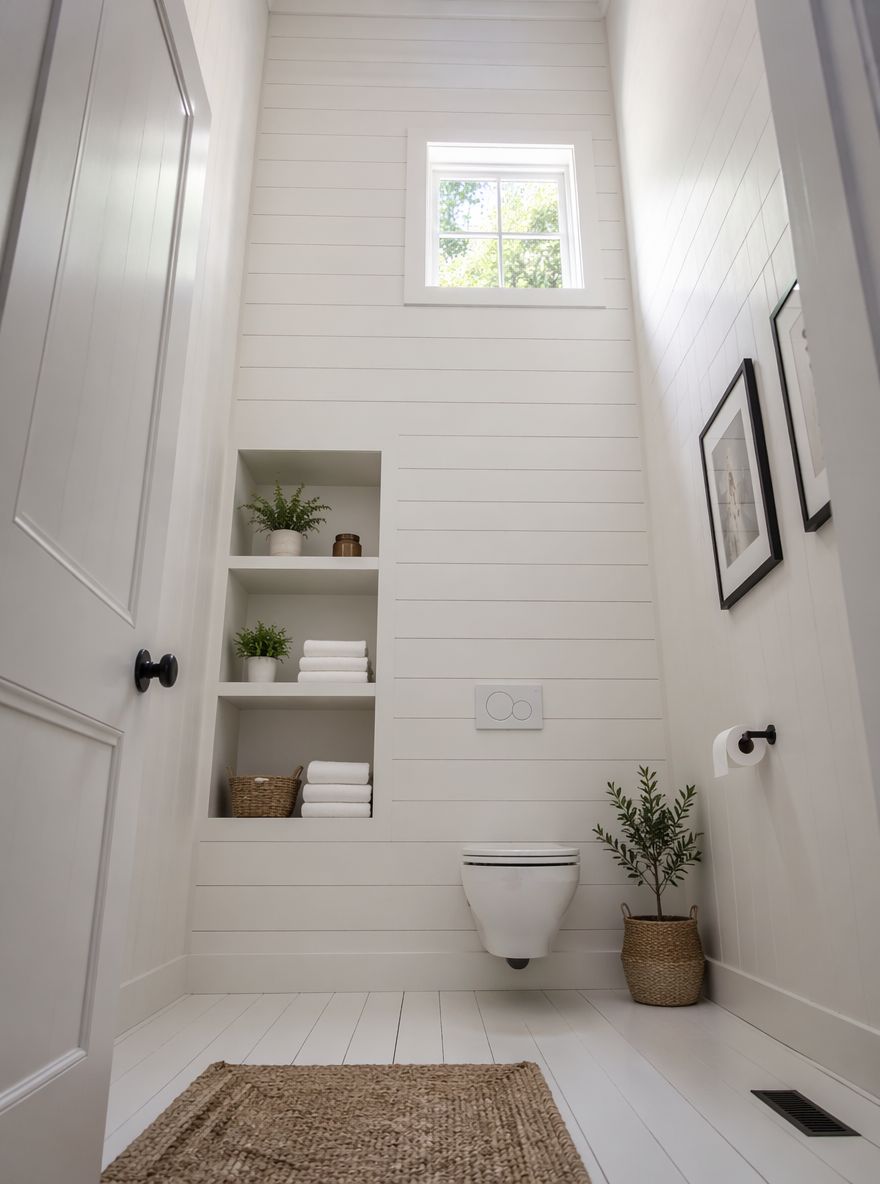 Pared de shiplap con estantes abiertos junto al inodoro