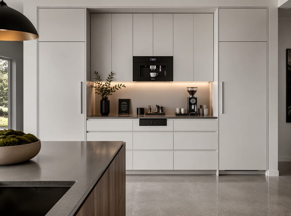Máquina espresso empotrada a la altura de la vista entre alacenas
