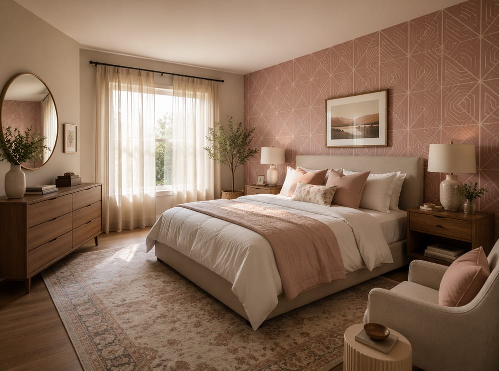 Estampado geométrico rosa empolvado con ropa de cama en capas