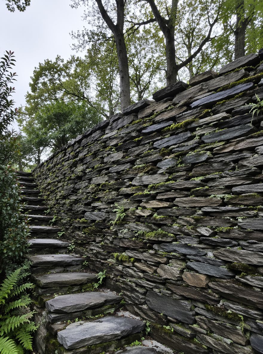 Muro in ardesia con felci che crescono tra le giunture