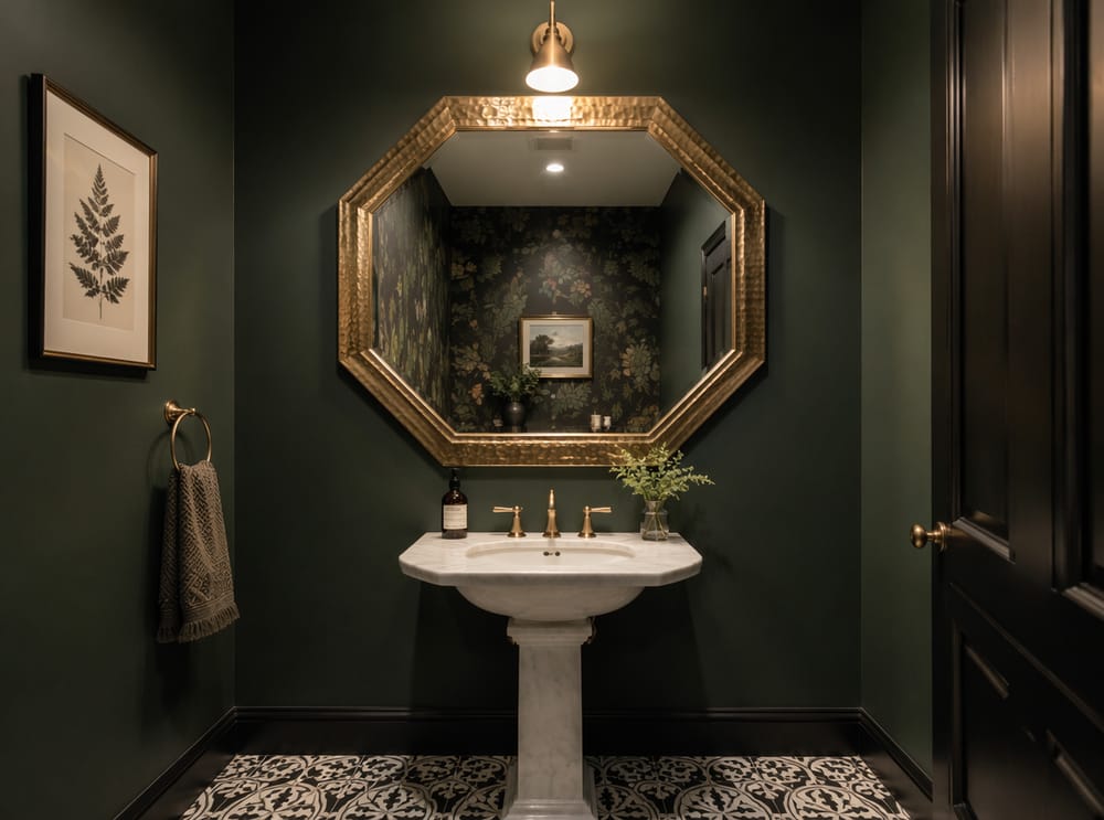 Oversized octagonal brass mirror, green powder room