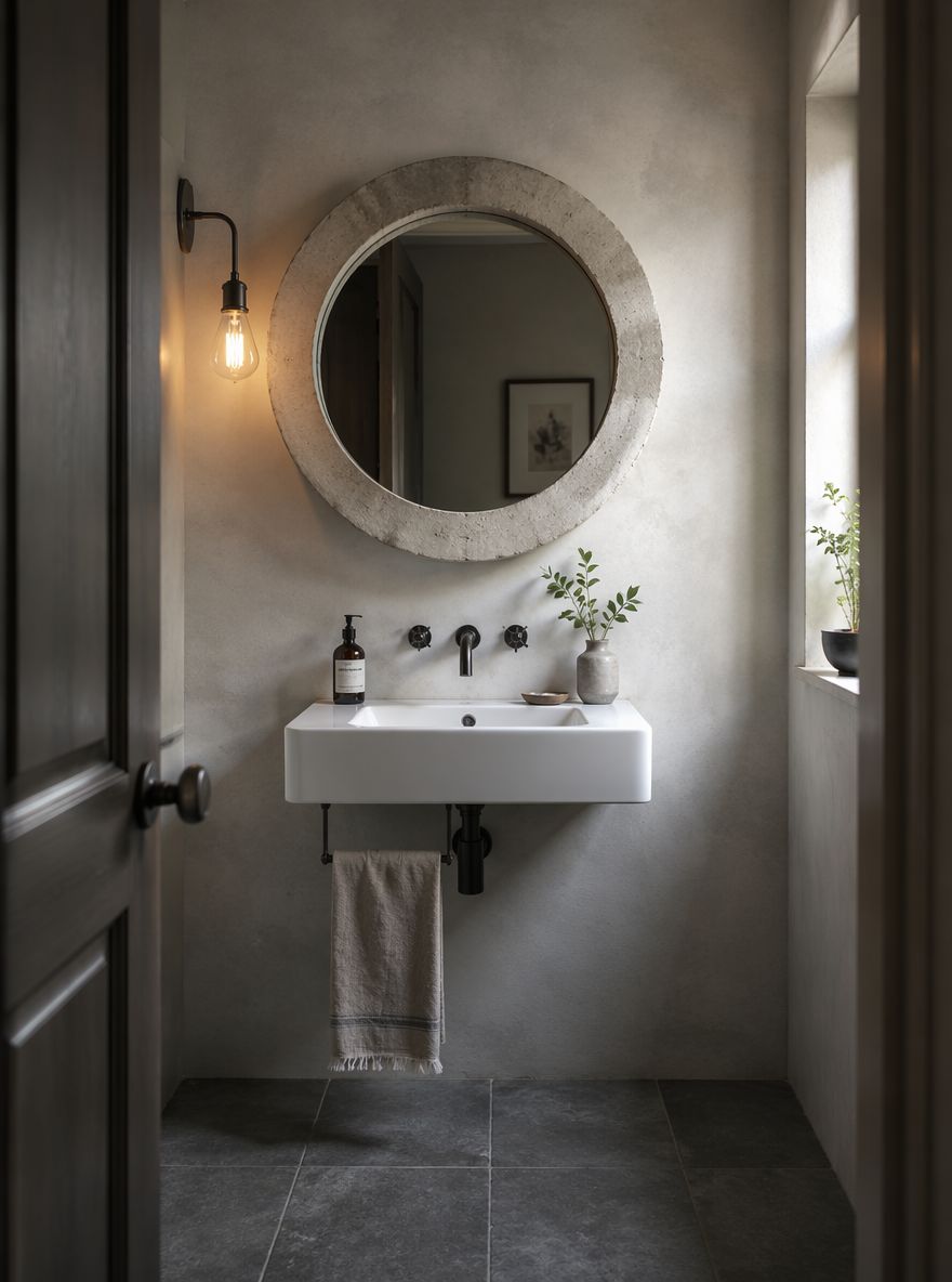Concrete-cast round mirror, limewash plaster wall
