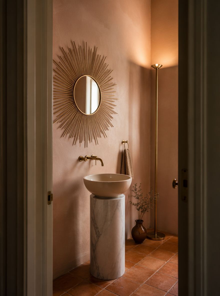 Sunburst gold mirror above vessel sink