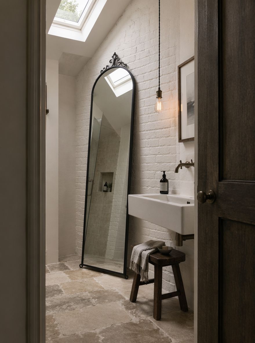 Tall wrought-iron arch mirror, whitewashed brick