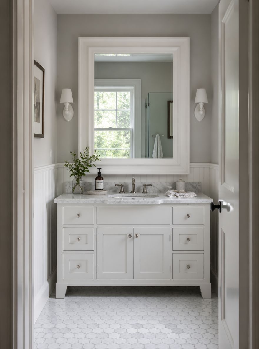 Chunky white wood frame above marble vanity
