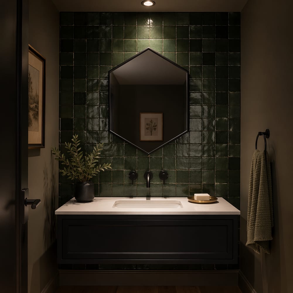 Hexagonal black-framed mirror, zellige tile powder room