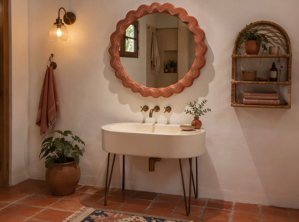 Scalloped ceramic mirror above hairpin-leg sink