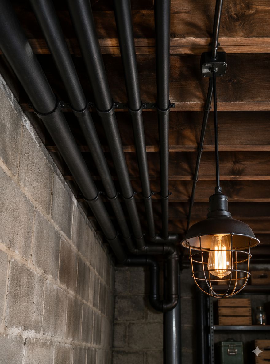 Tubi e canaline nere ordinate, angolo con soffitto industriale