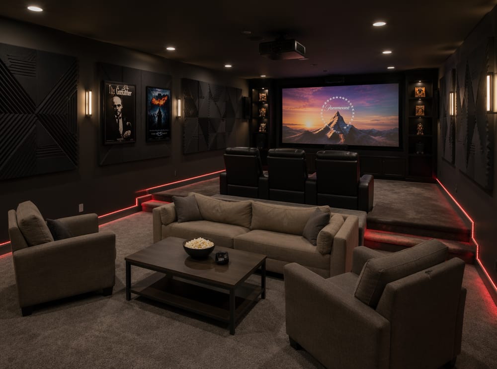 Dos filas de asientos de cine con paneles acústicos e iluminación de pasillo