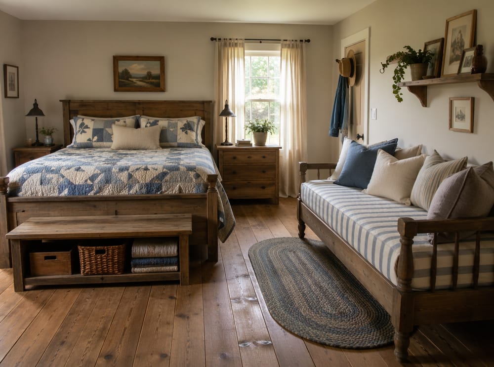 Sofá cama con cojines de rayas junto a cama de madera recuperada