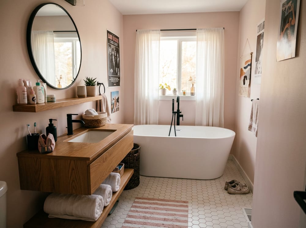 Vasca freestanding sotto la finestra con pareti rosa cipria
