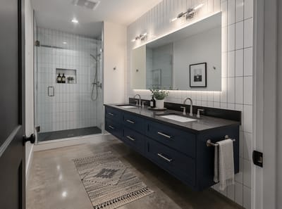 Ideas de baños con tocador azul que definen todo el espacio
