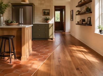 Transiciones de Baldosa a Madera en Cocinas que se Ven Intencionadas